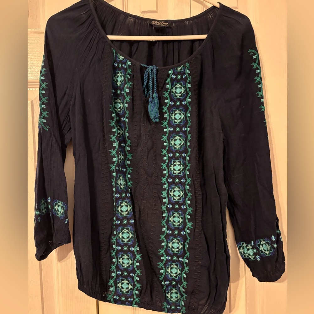 Lucky Brand Navy Blouse with Green Embroidery
